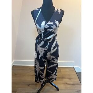 Zinzane Palm Springs Jumpsuit Small Black Tropical Palm Print Wide Leg NWT